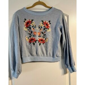 Lydelle Sweatshirt Medium Blue Floral Embroidered Puff Sleeve Boho Cottagecore